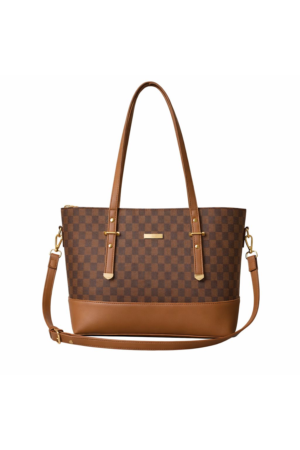Brown checkered handbag with tan accents on a white background