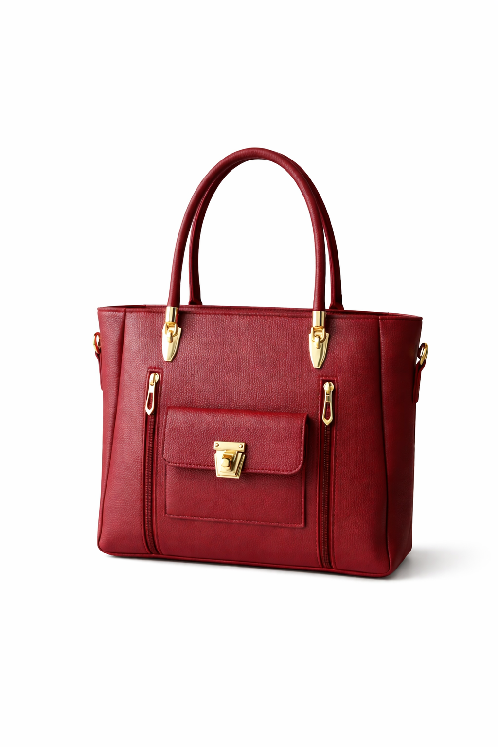 side view of red leather tote bag showing structured profile and gold hardware