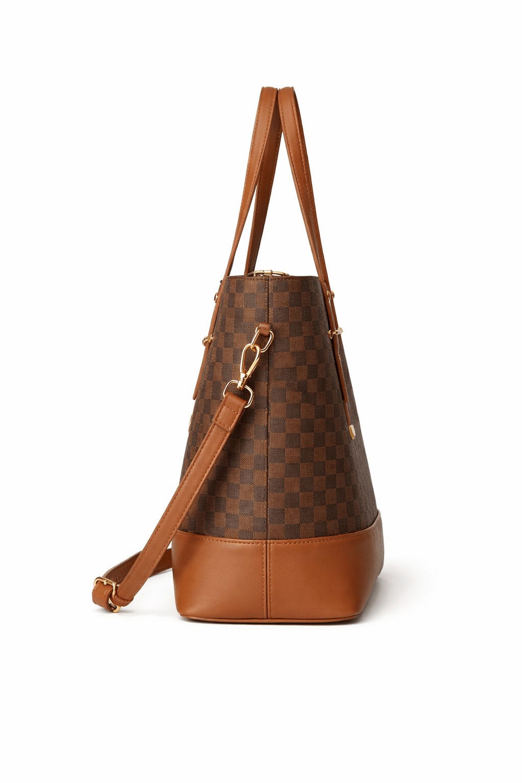 Brown checkered handbag with tan leather straps on a white background