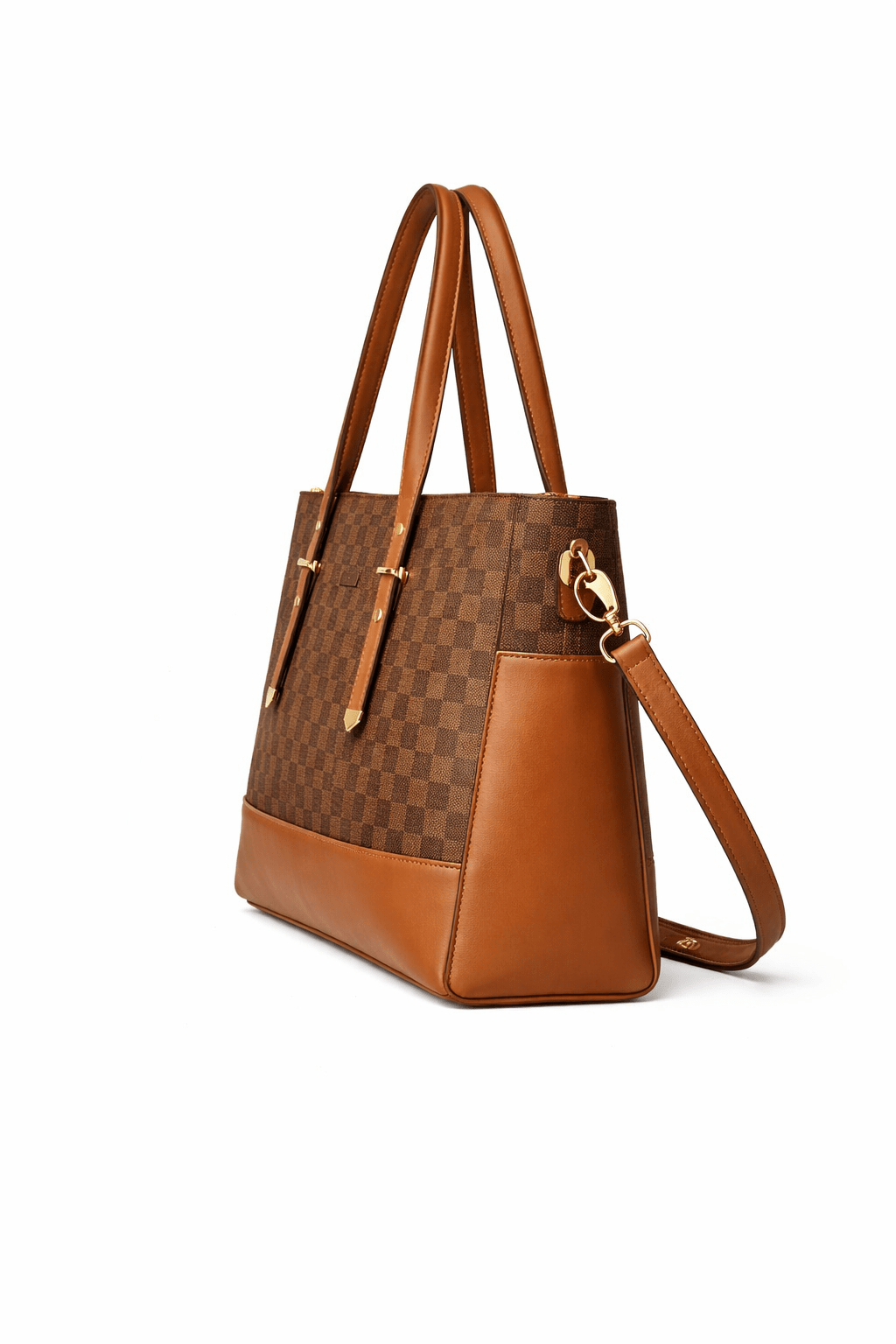 Brown patterned handbag with tan leather accents on a white background