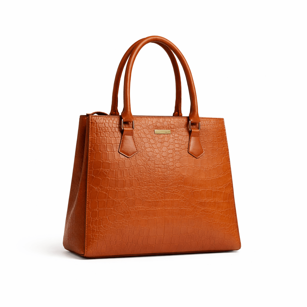 Brown crocodile-embossed leather tote bag shown from the left side on a white background
