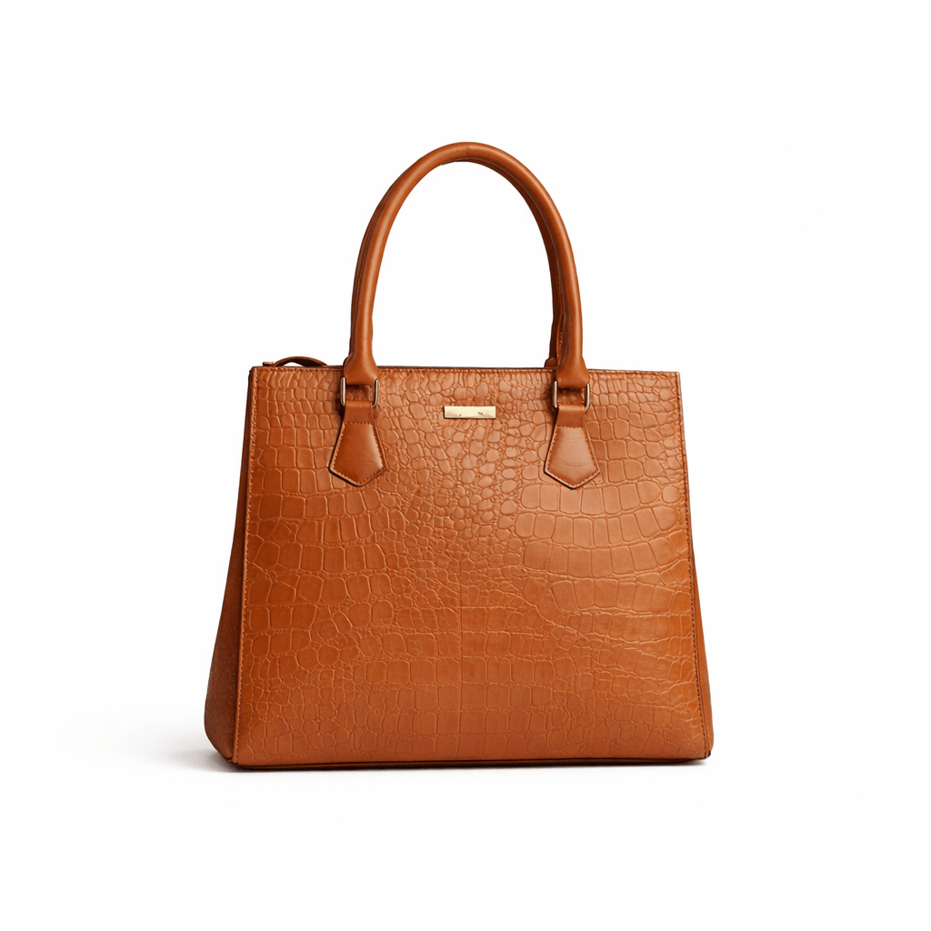 Brown leather handbag with a crocodile texture on a white background