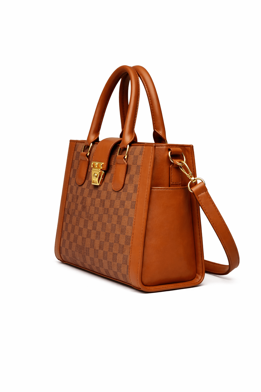 Brown handbag with a patterned design on a white background