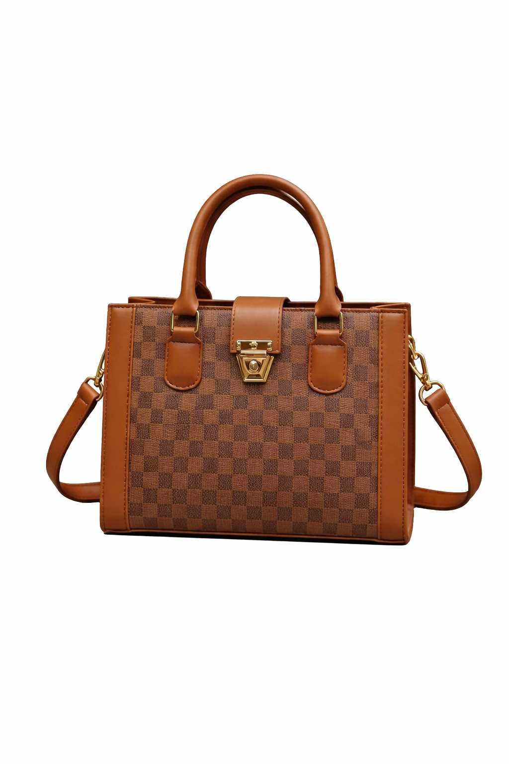 Brown checkered handbag with gold accents on a white background
