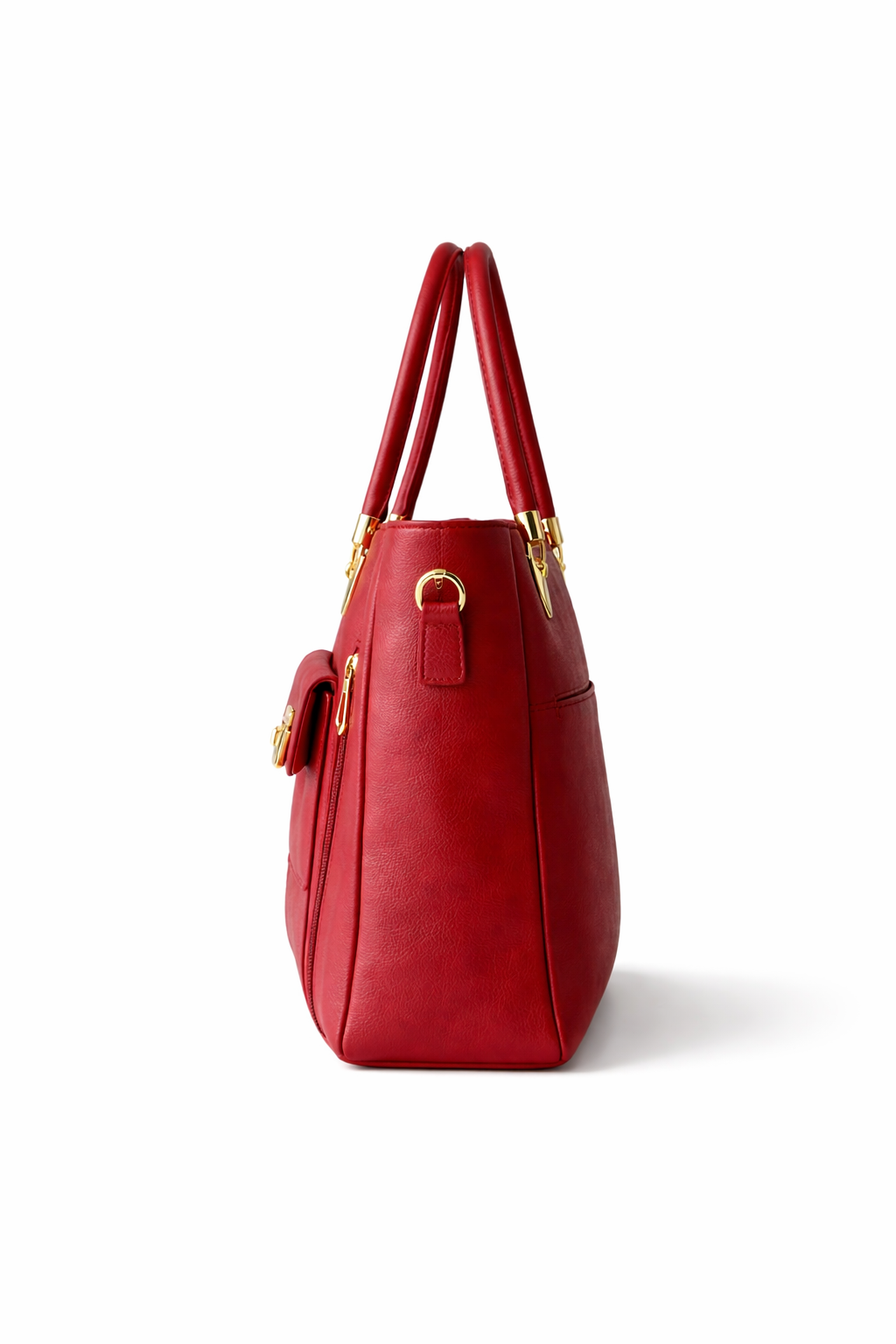 Right side view of red leather tote bag showing structured profile.