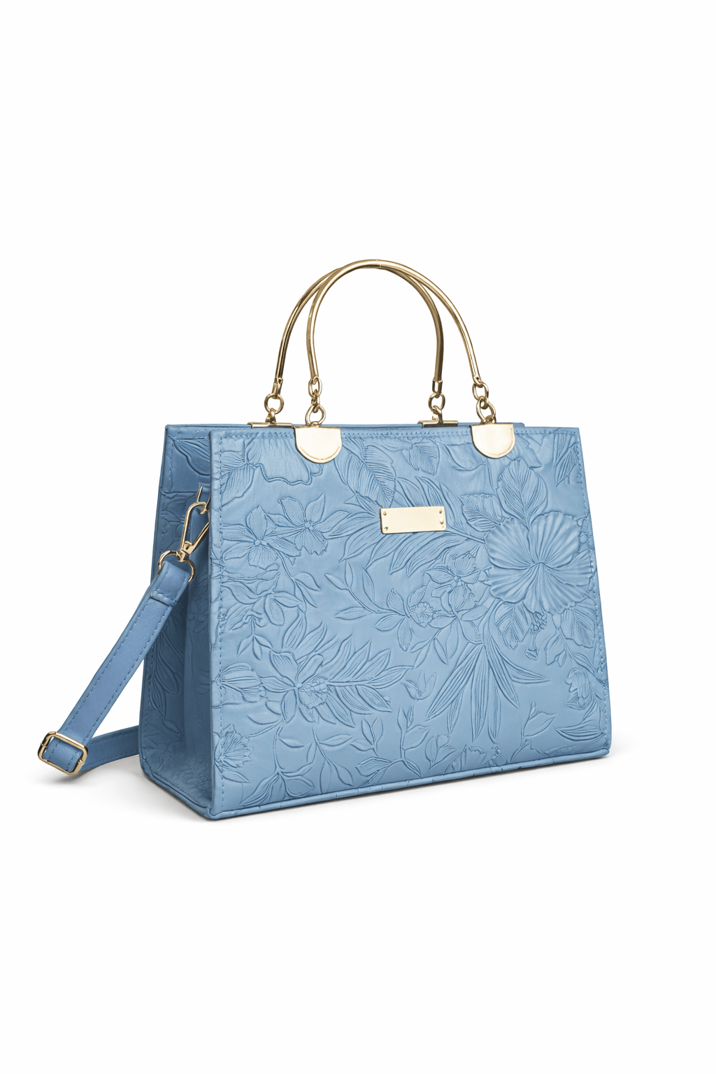 Blue handbag with floral pattern on a white background